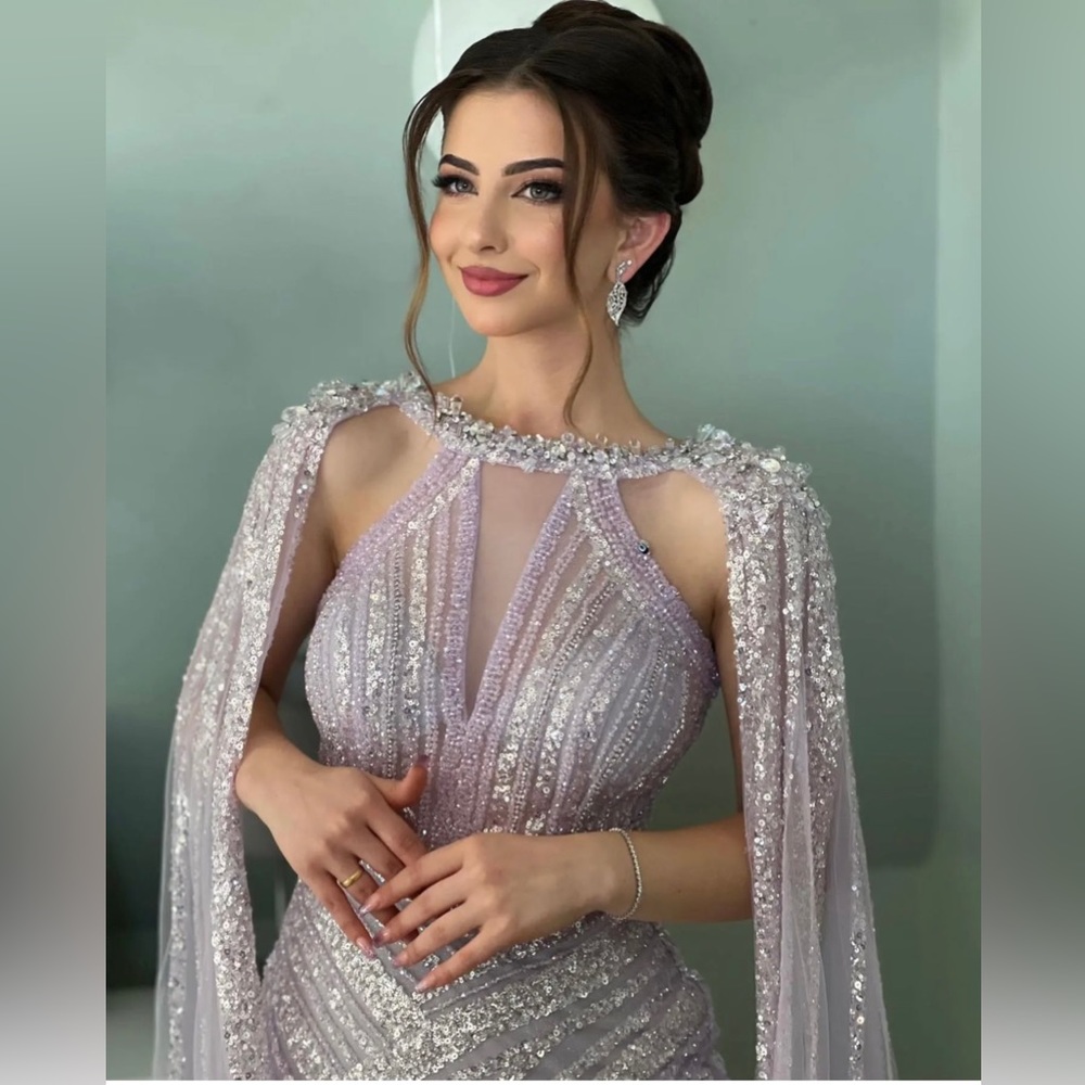 Lilac Cape Sleeves Mermaid Luxury Beaded Evening Dresses Open Split.